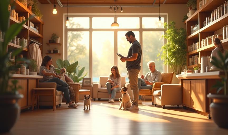 Intérieur de la boutique avec animaux et propriétaires