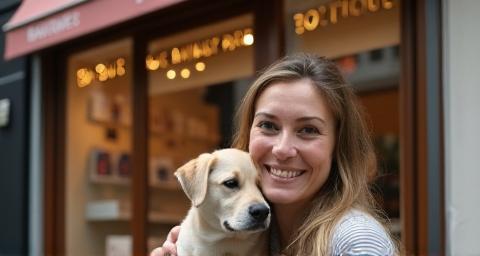 Client heureux avec son animal devant la boutique
