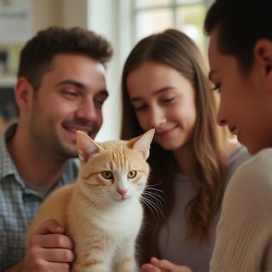 Famille rencontrant un chat pour adoption